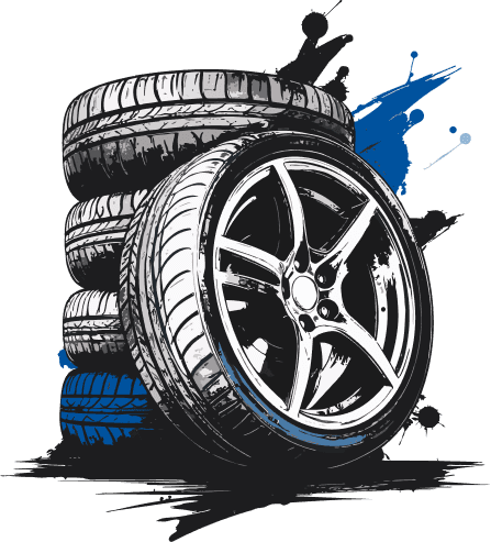 Stack of tyres with dynamic blue accents